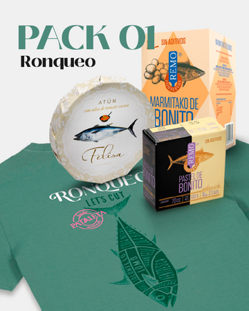 PACK Nº1.- Camiseta "Ronqueo"+ Atún Salsa de tomate + Marmitako + Pastel de Bonito