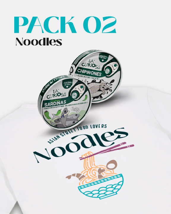 PACK Nº2.- Camiseta "Noodles"+ Sardinillas en aceite de oliva con Pimientos de Padrón + Chipirones rellenos en su tinta