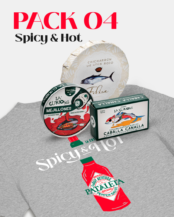 PACK Nº4.- Camiseta "Spacy & Hot"+ Chicharrón de atún rojo + Mejillones en escabeche picante + Caballa en aceite de oliva con curry y chile